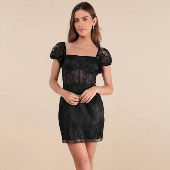 Lulus Dresses & Skirts - NWT Lulus Seriously Cute Black Embroidered Mesh Puff Sleeve Mini Dress